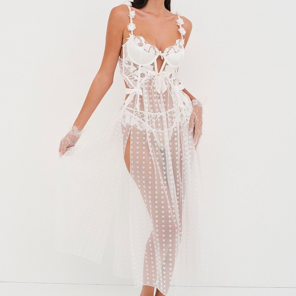 For Love And Lemons Amore Maxi Slip Dress with White Heart Sheer Lace